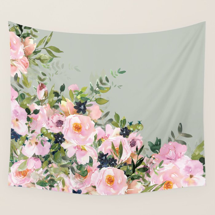 Floral Watercolor, Roses, Green and Pink Wall Tapestry Gallery Image 4