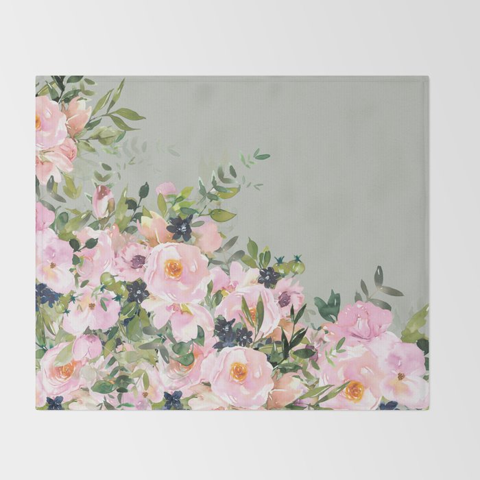 Floral Watercolor, Roses, Green and Pink Throw Blanket Gallery Image 2