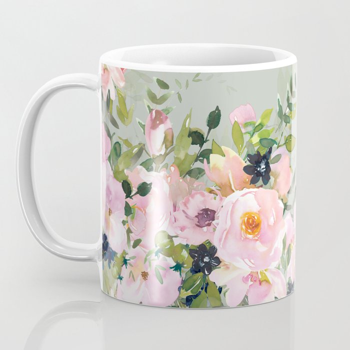 Floral Watercolor, Roses, Green and Pink Coffee Mug Gallery Image 3