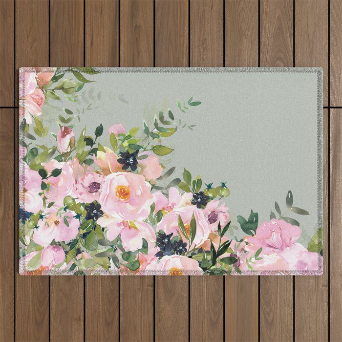 Floral Watercolor, Roses, Green and Pink Outdoor Rug Gallery Image 1