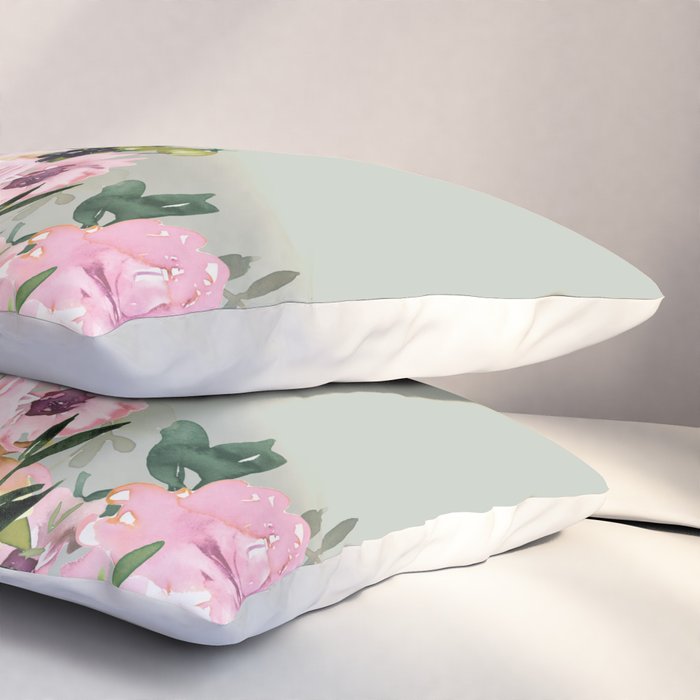 Floral Watercolor, Roses, Green and Pink Pillow Sham Gallery Image 3