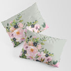 Floral Watercolor, Roses, Green and Pink Pillow Sham Gallery Image 3