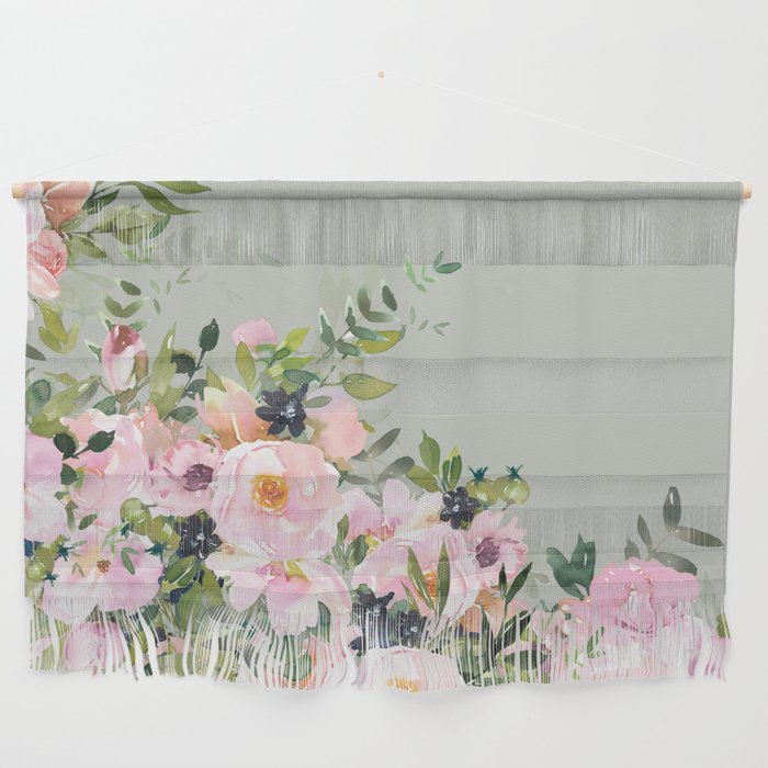 Floral Watercolor, Roses, Green and Pink Wall Hanging Gallery Image 1