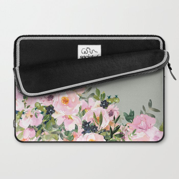 Floral Watercolor, Roses, Green and Pink Laptop Sleeve Gallery Image 2