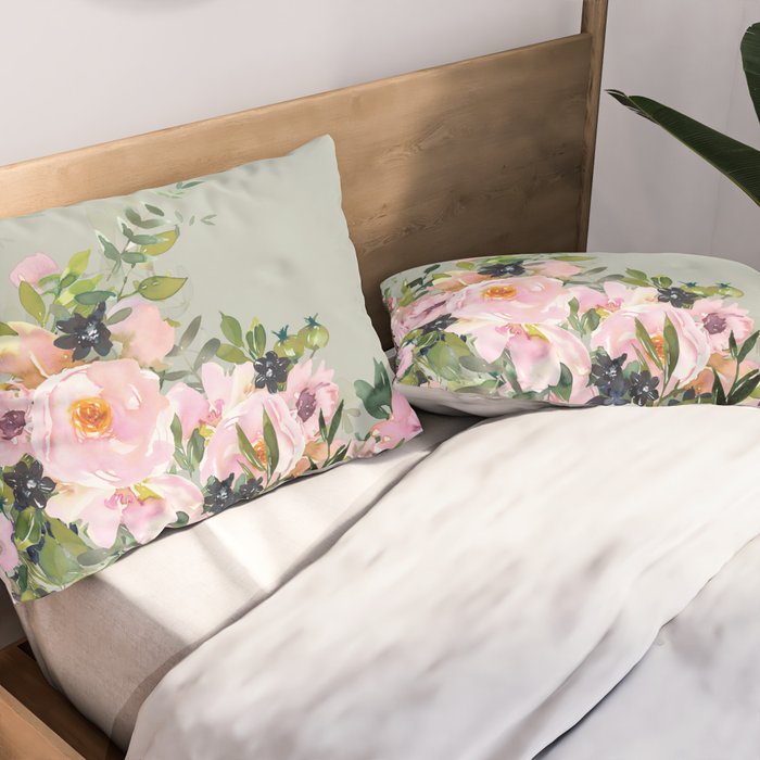 Floral Watercolor, Roses, Green and Pink Pillow Sham Gallery Image 2