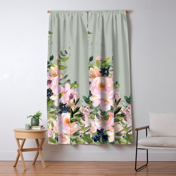 Floral Watercolor, Roses, Green and Pink Window Curtain Gallery Image 1