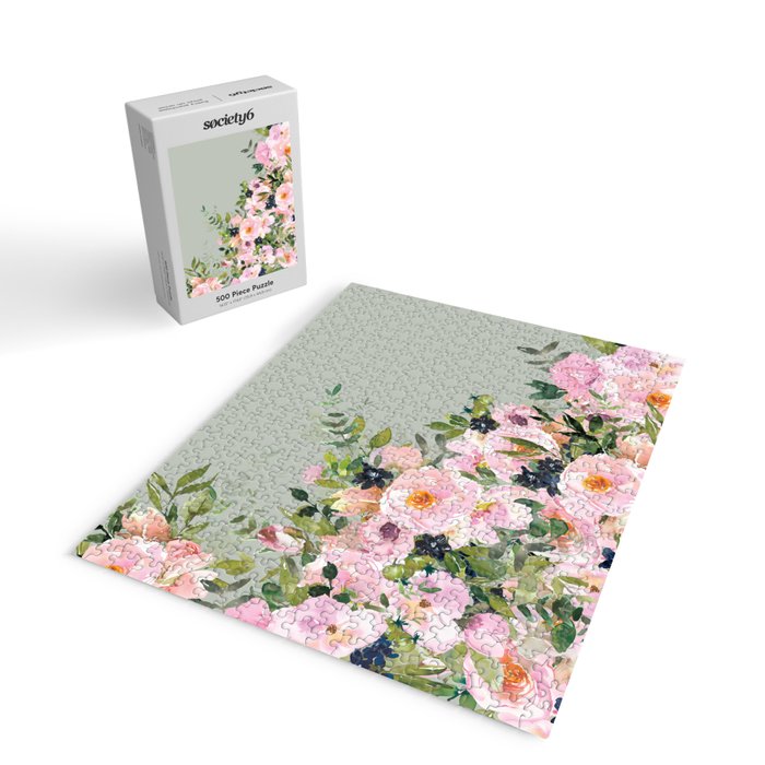Floral Watercolor, Roses, Green and Pink Jigsaw Puzzle Gallery Image 2