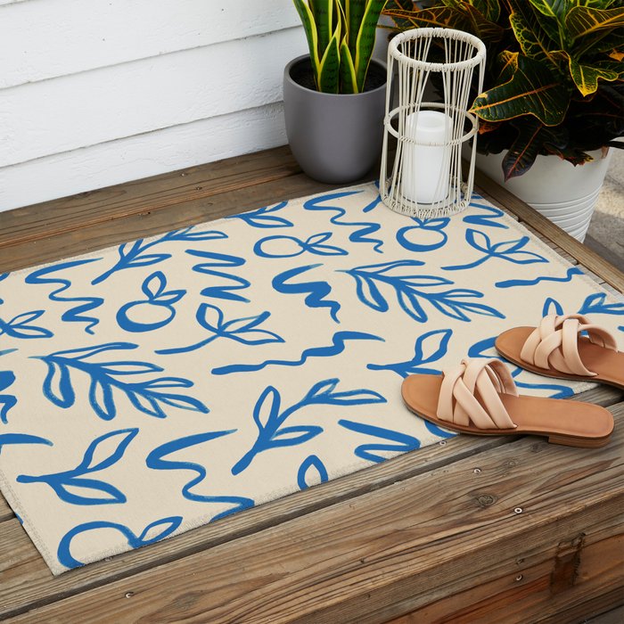 Blue organic watercolor nature art pattern Outdoor Rug Gallery Image 2