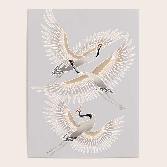 traditional Japanese cranes bright illustration Poster Gallery Image 4