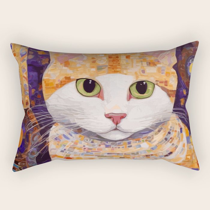 Gustav Klimt Style Tabby Cat Kitten with Green Eyes in a Starry Night Rectangular Pillow Gallery Image 2