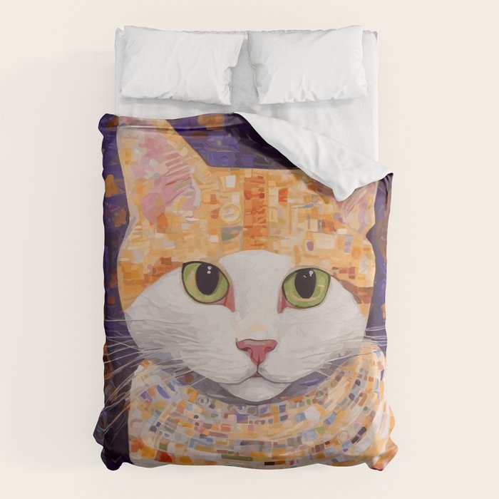 Gustav Klimt Style Tabby Cat Kitten with Green Eyes in a Starry Night Duvet Cover Gallery Image 6
