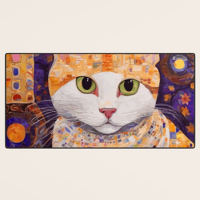 Gustav Klimt Style Tabby Cat Kitten with Green Eyes in a Starry Night Desk Mat Gallery Image 3