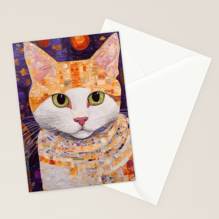 Gustav Klimt Style Tabby Cat Kitten with Green Eyes in a Starry Night Stationery Card Gallery Image 2