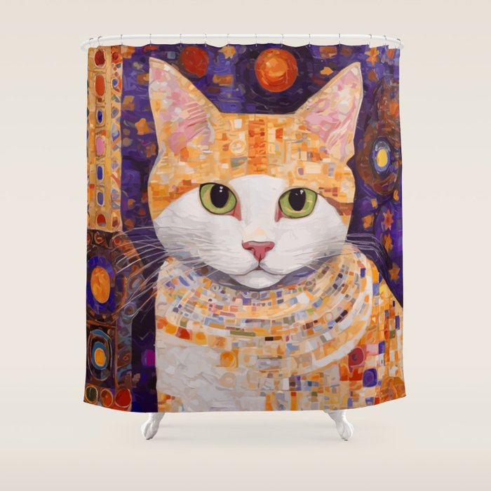 Gustav Klimt Style Tabby Cat Kitten with Green Eyes in a Starry Night Shower Curtain Gallery Image 1
