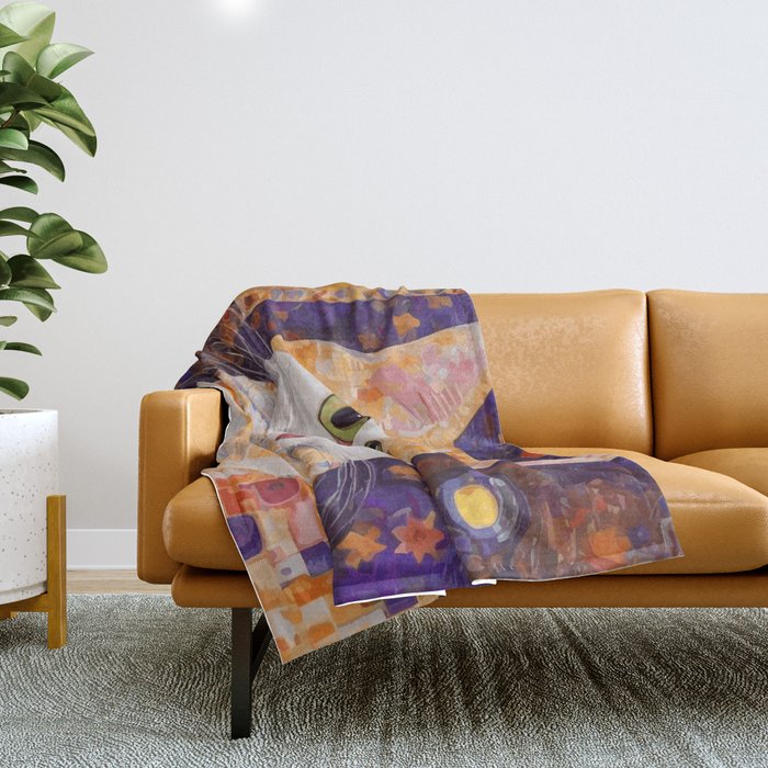 Gustav Klimt Style Tabby Cat Kitten with Green Eyes in a Starry Night Throw Blanket Gallery Image 1