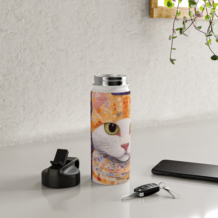 Gustav Klimt Style Tabby Cat Kitten with Green Eyes in a Starry Night Water Bottle Gallery Image 4