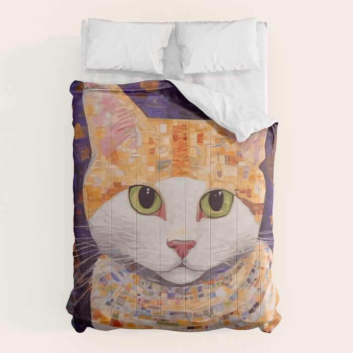 Gustav Klimt Style Tabby Cat Kitten with Green Eyes in a Starry Night Comforter Gallery Image 6