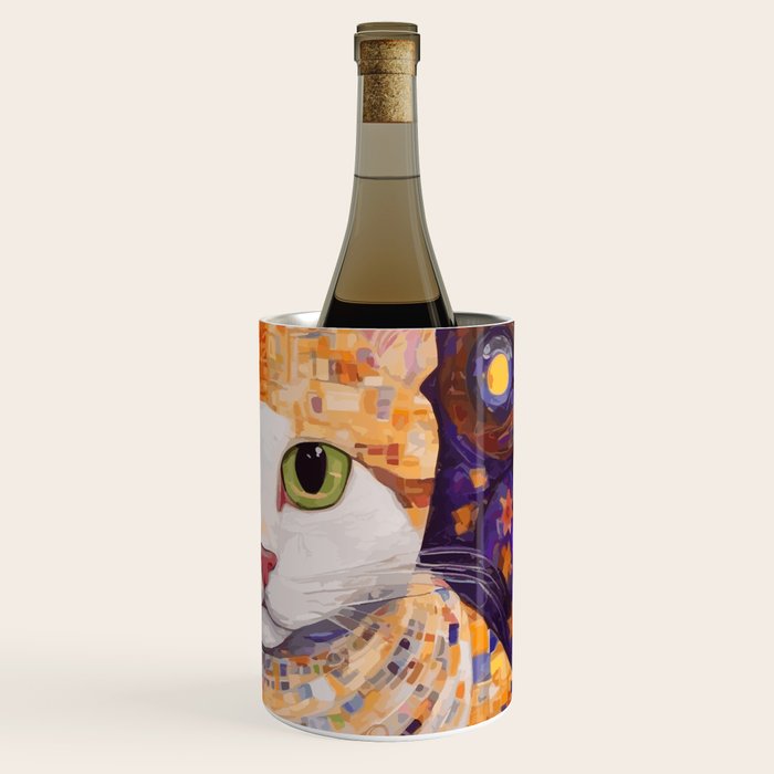 Gustav Klimt Style Tabby Cat Kitten with Green Eyes in a Starry Night Wine Chiller Gallery Image 3