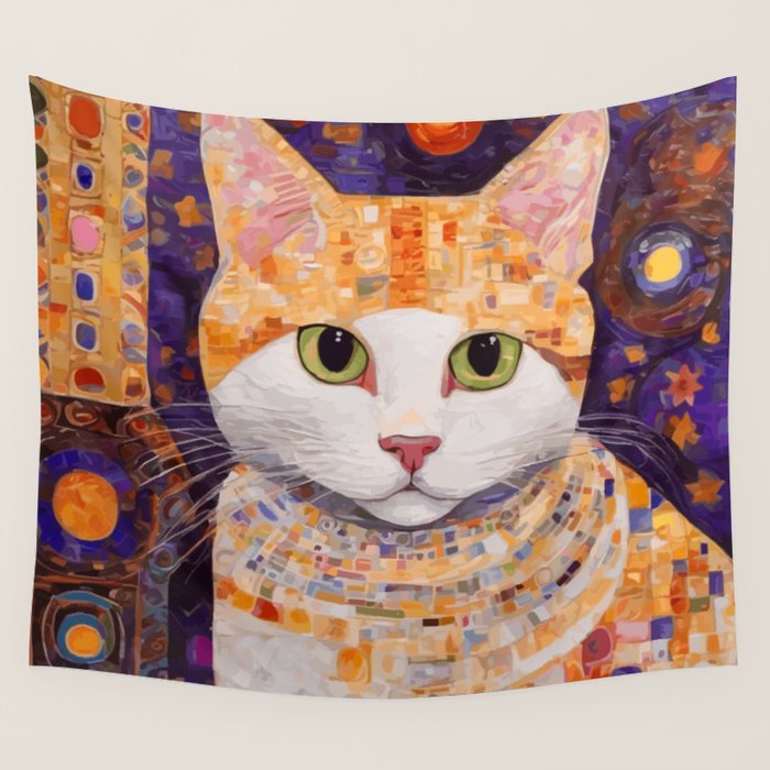 Gustav Klimt Style Tabby Cat Kitten with Green Eyes in a Starry Night Wall Tapestry Gallery Image 1