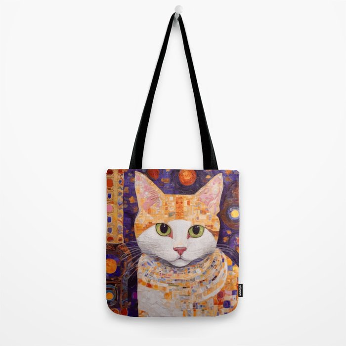 Gustav Klimt Style Tabby Cat Kitten with Green Eyes in a Starry Night Tote Bag Gallery Image 2