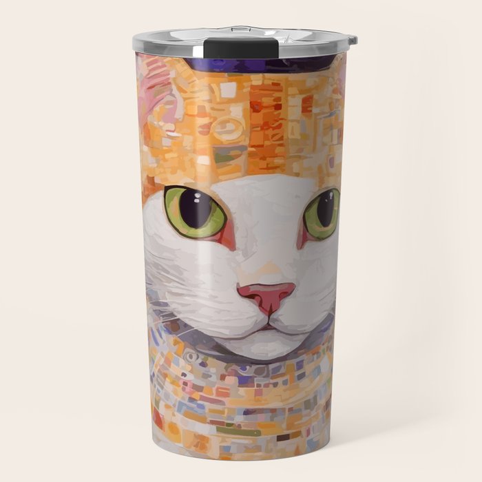 Gustav Klimt Style Tabby Cat Kitten with Green Eyes in a Starry Night Travel Mug Gallery Image 1