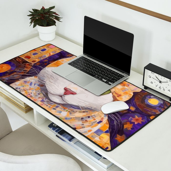 Gustav Klimt Style Tabby Cat Kitten with Green Eyes in a Starry Night Desk Mat Gallery Image 2