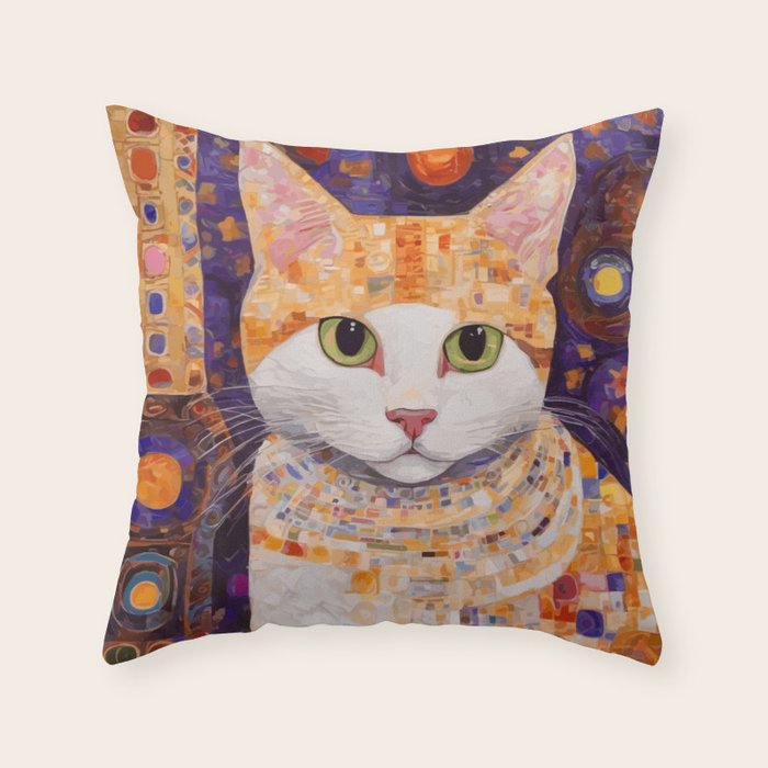Gustav Klimt Style Tabby Cat Kitten with Green Eyes in a Starry Night Throw Pillow Gallery Image 6