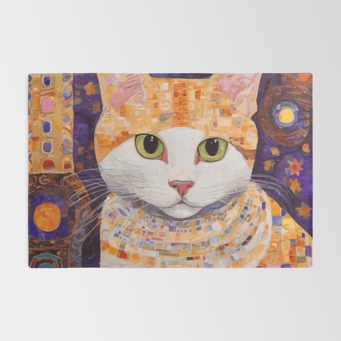 Gustav Klimt Style Tabby Cat Kitten with Green Eyes in a Starry Night Rug Gallery Image 2