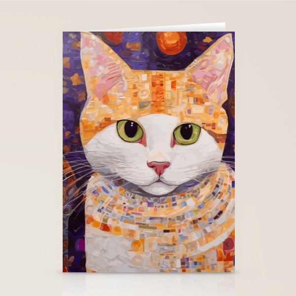 Gustav Klimt Style Tabby Cat Kitten with Green Eyes in a Starry Night Stationery Card Gallery Image 1