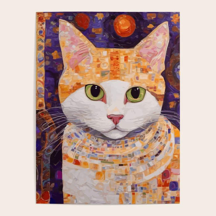 Gustav Klimt Style Tabby Cat Kitten with Green Eyes in a Starry Night Poster Gallery Image 4