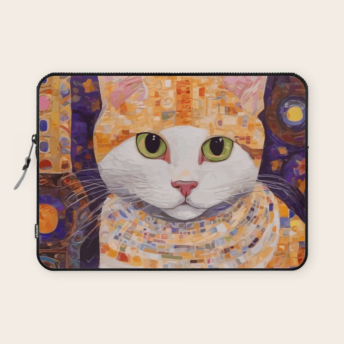 Gustav Klimt Style Tabby Cat Kitten with Green Eyes in a Starry Night Laptop Sleeve Gallery Image 1