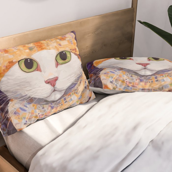 Gustav Klimt Style Tabby Cat Kitten with Green Eyes in a Starry Night Pillow Sham Gallery Image 2
