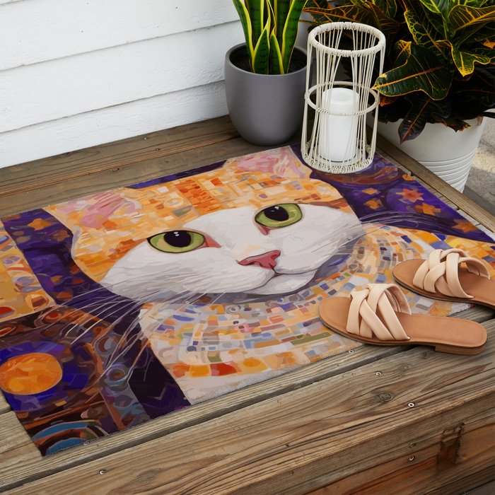 Gustav Klimt Style Tabby Cat Kitten with Green Eyes in a Starry Night Outdoor Rug Gallery Image 2