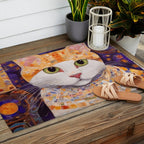 Gustav Klimt Style Tabby Cat Kitten with Green Eyes in a Starry Night Outdoor Rug Gallery Image 2