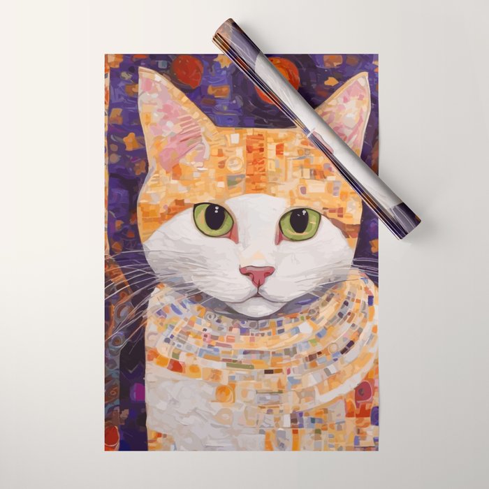 Gustav Klimt Style Tabby Cat Kitten with Green Eyes in a Starry Night Wrapping Paper Gallery Image 1