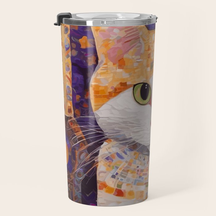 Gustav Klimt Style Tabby Cat Kitten with Green Eyes in a Starry Night Travel Mug Gallery Image 3