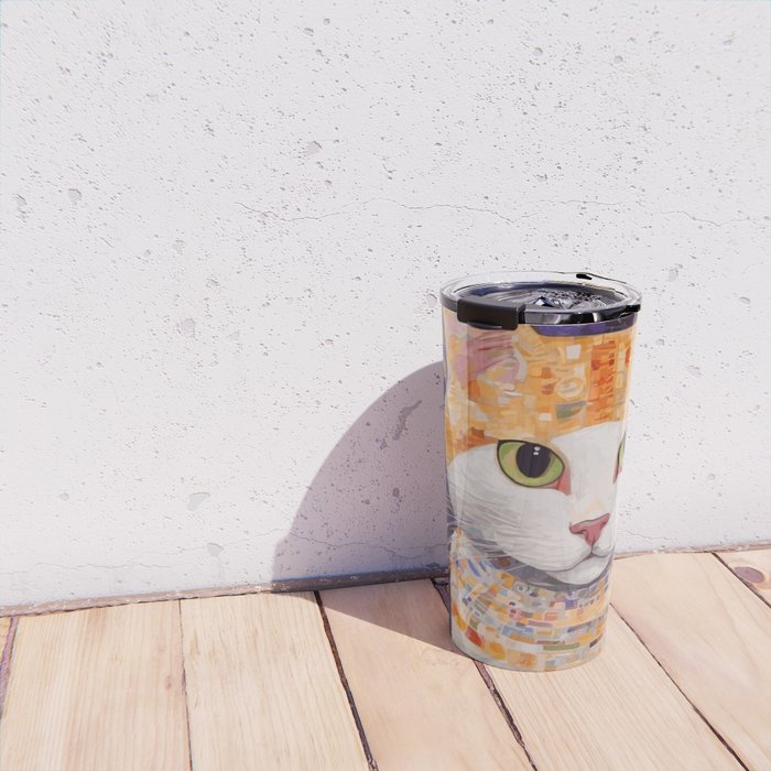 Gustav Klimt Style Tabby Cat Kitten with Green Eyes in a Starry Night Travel Mug Gallery Image 4