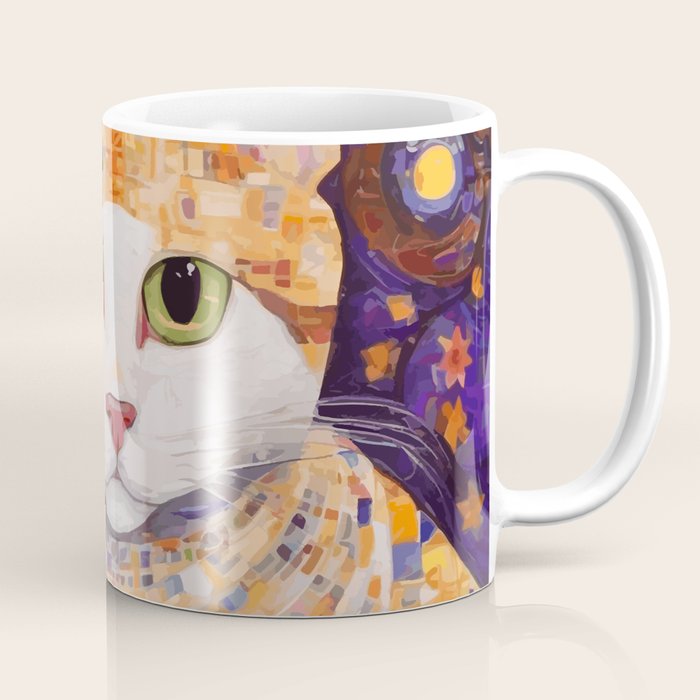 Gustav Klimt Style Tabby Cat Kitten with Green Eyes in a Starry Night Coffee Mug Gallery Image 1