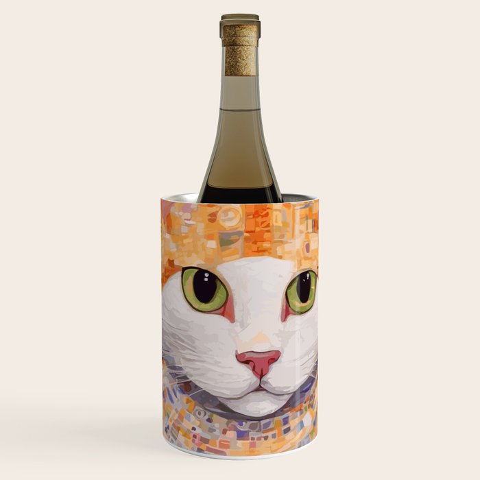Gustav Klimt Style Tabby Cat Kitten with Green Eyes in a Starry Night Wine Chiller Gallery Image 1