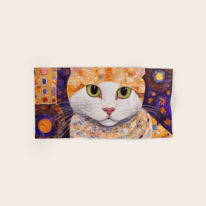 Gustav Klimt Style Tabby Cat Kitten with Green Eyes in a Starry Night Bath Towel Gallery Image 1