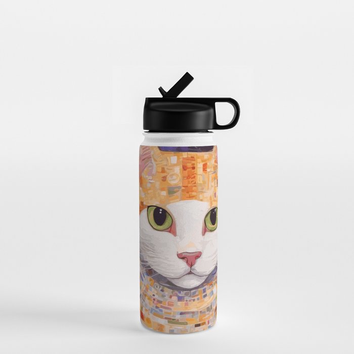 Gustav Klimt Style Tabby Cat Kitten with Green Eyes in a Starry Night Water Bottle Gallery Image 1