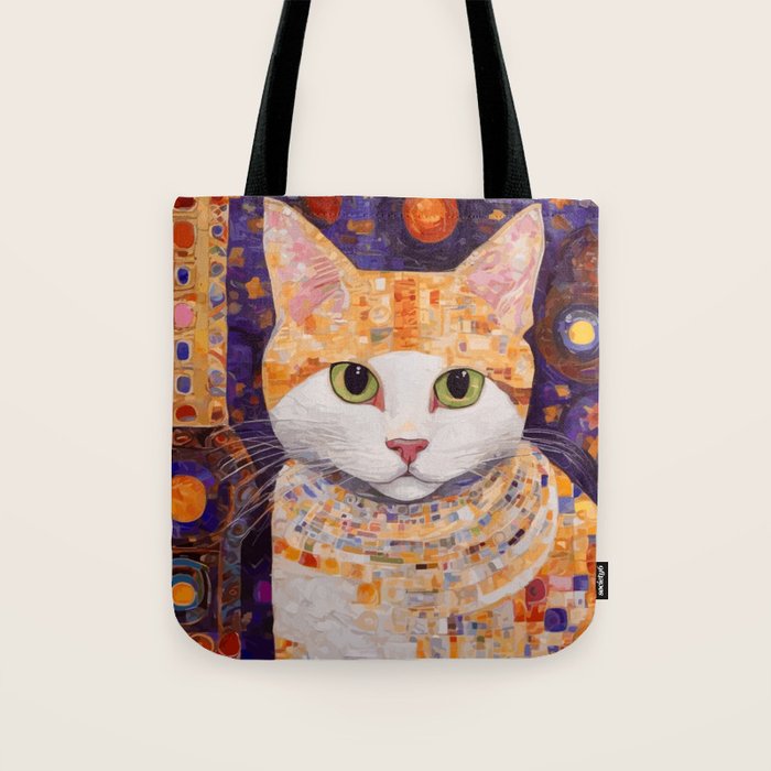 Gustav Klimt Style Tabby Cat Kitten with Green Eyes in a Starry Night Tote Bag Gallery Image 1
