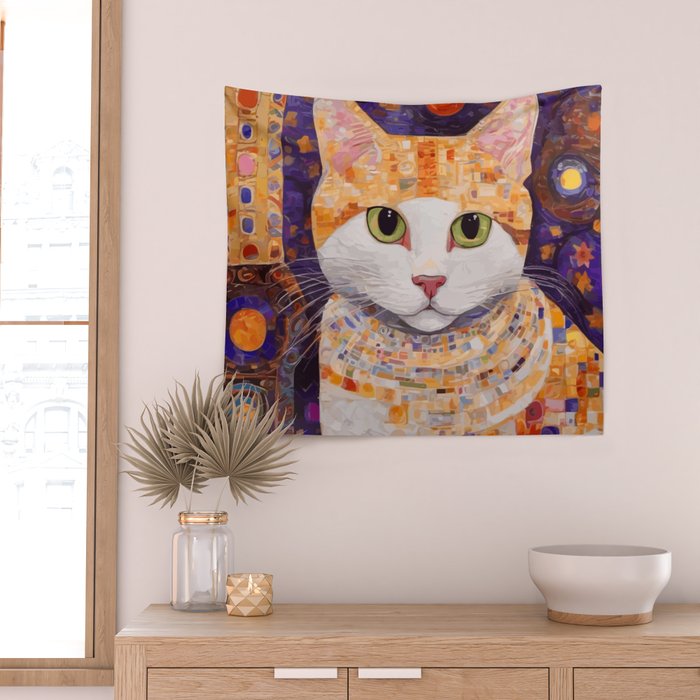 Gustav Klimt Style Tabby Cat Kitten with Green Eyes in a Starry Night Wall Tapestry Gallery Image 2