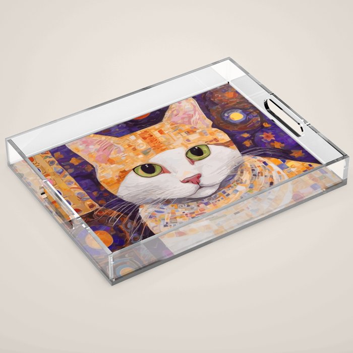 Gustav Klimt Style Tabby Cat Kitten with Green Eyes in a Starry Night Acrylic Tray Gallery Image 1