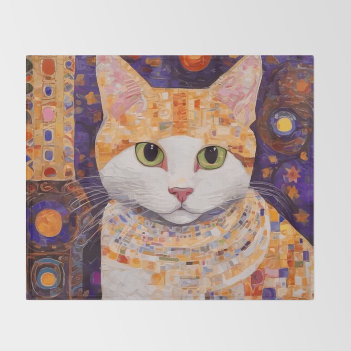 Gustav Klimt Style Tabby Cat Kitten with Green Eyes in a Starry Night Throw Blanket Gallery Image 2
