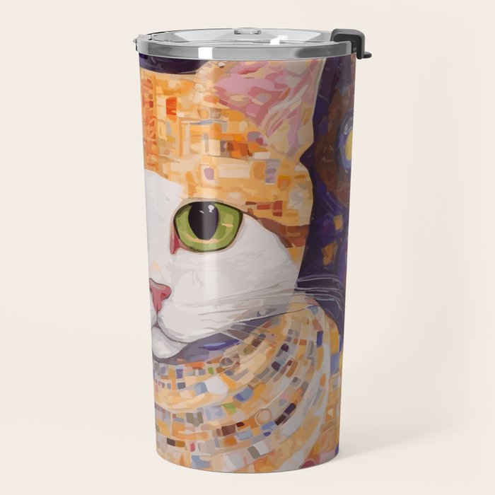 Gustav Klimt Style Tabby Cat Kitten with Green Eyes in a Starry Night Travel Mug Gallery Image 2