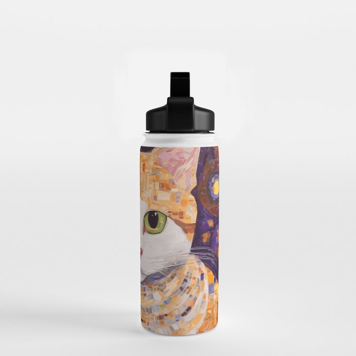 Gustav Klimt Style Tabby Cat Kitten with Green Eyes in a Starry Night Water Bottle Gallery Image 2