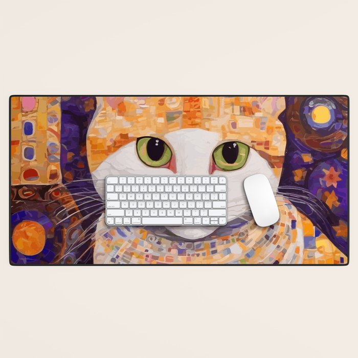 Gustav Klimt Style Tabby Cat Kitten with Green Eyes in a Starry Night Desk Mat Gallery Image 1
