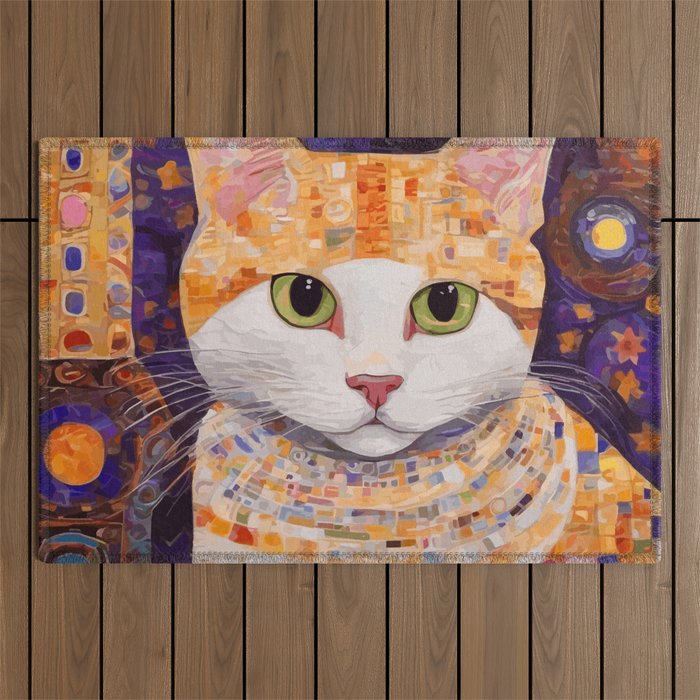 Gustav Klimt Style Tabby Cat Kitten with Green Eyes in a Starry Night Outdoor Rug Gallery Image 1