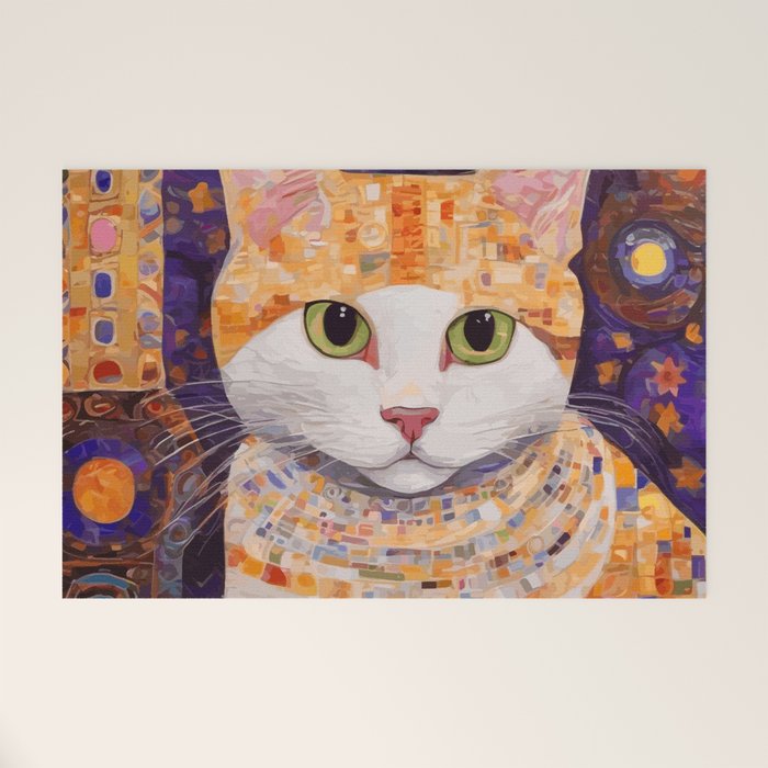 Gustav Klimt Style Tabby Cat Kitten with Green Eyes in a Starry Night Welcome Mat Gallery Image 1